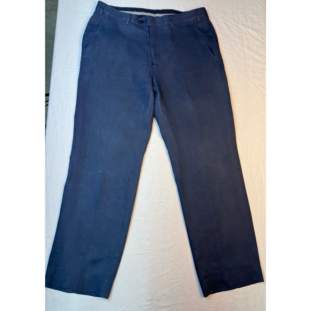 Armani Collezioni Mens Navy Blue Linen Blend Flat Front Straight Leg Pants 35x29